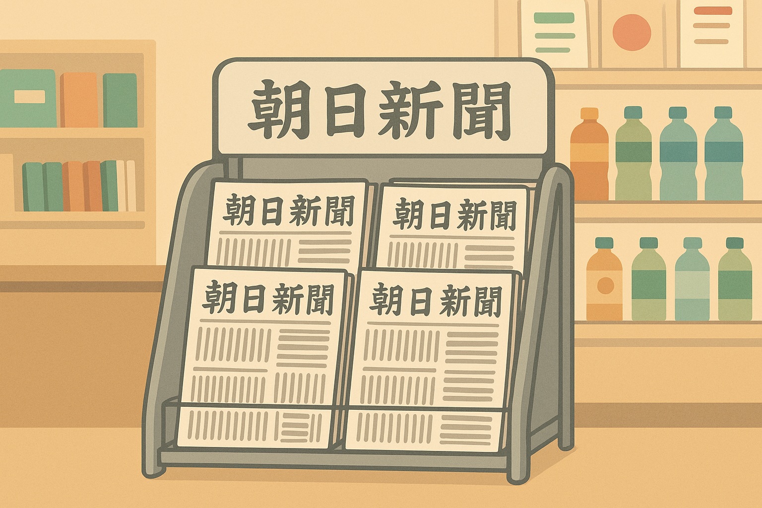 コンビニの新聞ラックに並ぶ朝日新聞を描いたフラットデザインのイラスト