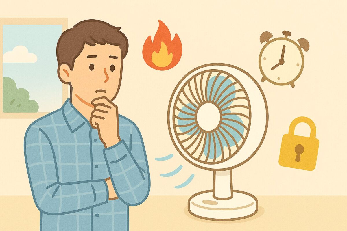 外出時につけっぱなしのサーキュレーターと安心して過ごせる室内イメージのイラスト