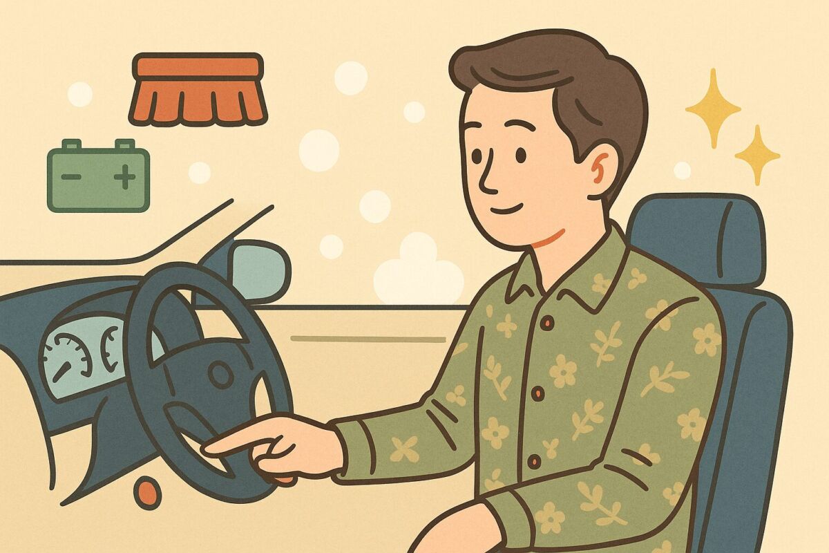 洗車機と車を正面から描いた安心感のあるイラスト。中央に車、背景に泡やブラシが描かれたイメージ