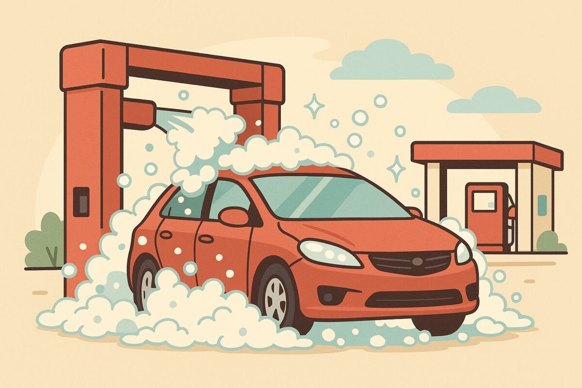 洗車機から大量の泡が車を包み込み、光沢のある仕上がりを連想させるイラスト