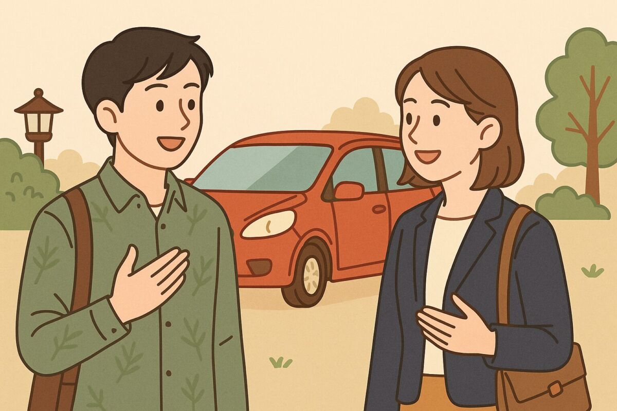 先輩へのお礼メールをイメージした優しい和風テイストの車と人物のイラスト