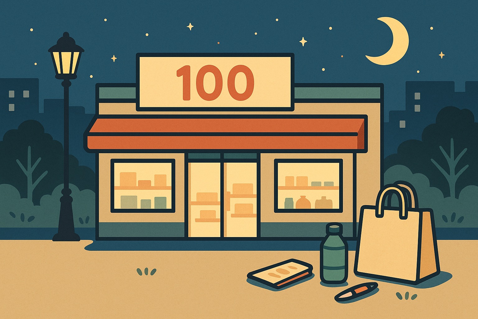 夜遅くでも営業している100均店舗の外観をイメージしたイラスト