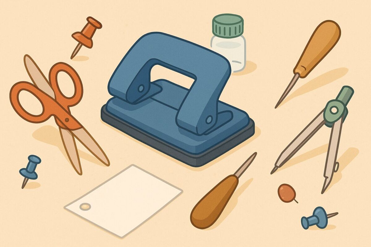 ハサミや千枚通しなど身近な道具を並べた、穴あけパンチの代用品をイメージしたイラスト