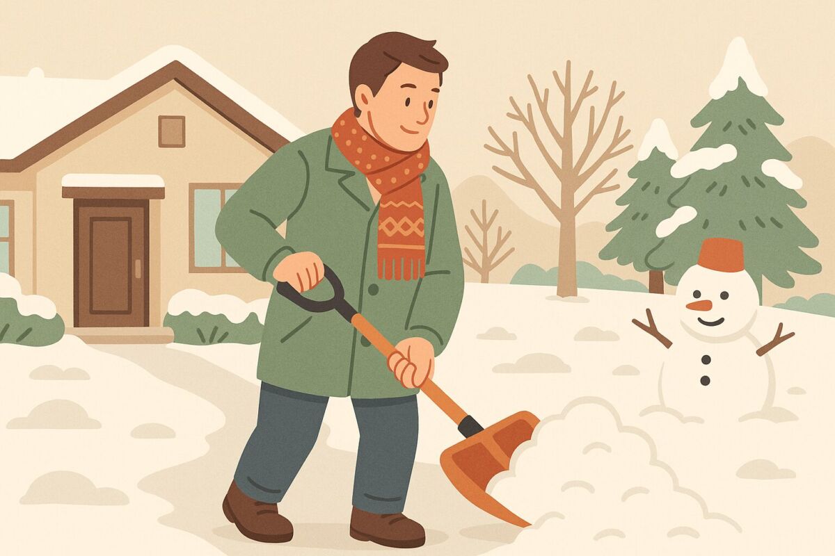 積雪した家の前で雪かきを始めるシーンを描いたイラスト。冬の生活と安全をイメージ。