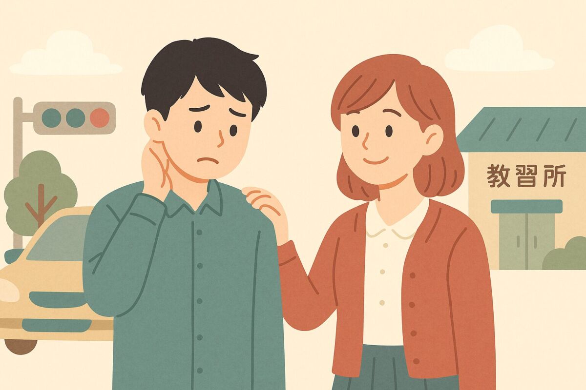 卒検に落ちて不安を感じる人を励まし、次の挑戦へ導くイメージのイラスト
