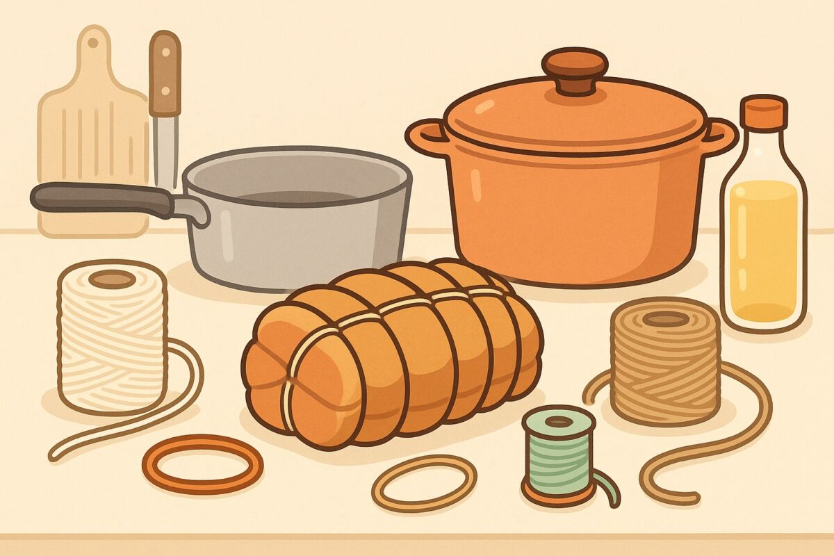 凧糸の代用品(タコ糸・麻紐・刺繍糸・輪ゴムなど)が並び、料理の下ごしらえを表現したシンプルで明るいイラスト