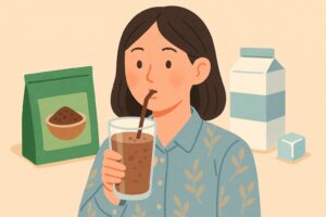 冷たい牛乳に溶けきらず浮いたミロを見て首をかしげる中学生風の男女のイラスト