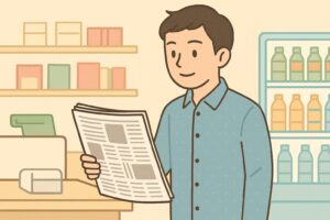 コンビニで朝日新聞を手に取る男性のイラスト