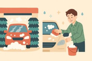 洗車機と手洗い洗車を対比させたイラスト。左に洗車機、右に人が手洗いしている場面