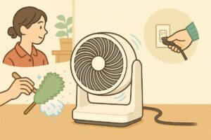 外出時のサーキュレーター利用と安全対策を示すイラスト