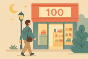 夜でも開いている100均に立ち寄る人を描いたイラスト