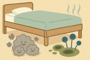ベッドの下に溜まったホコリやカビのイメージを直感的に伝えるイラスト