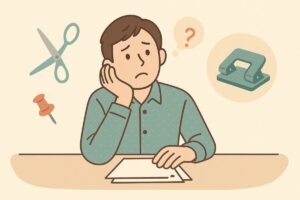 困った表情で穴あけパンチを探す人物と、代用品のヒントが周囲に浮かぶイラスト