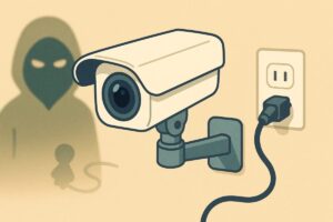 防犯カメラとコンセントを背景にした脆弱性を示すイラスト