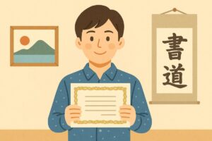 学生風の若者が賞状を手に持ち、背景に絵画や書道の作品が飾られているイラスト。