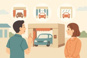 さまざまな種類の洗車機を比較しているイメージのイラスト