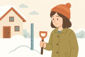 積雪量を測りながら雪かきを始めるタイミングを考える様子のイラスト。