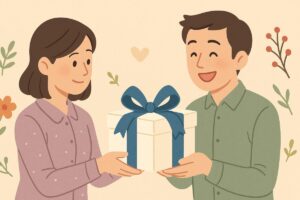 青いリボンが結ばれた贈り物と、それを受け取る人物の温かな場面