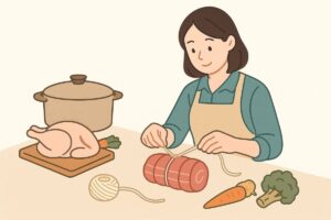 料理の下ごしらえで凧糸が必要な場面を示すイラスト。肉や鶏肉を糸で縛ろうとしているシーン