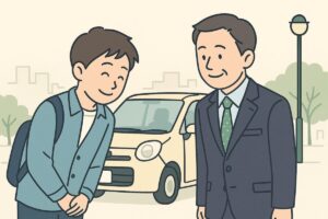 先輩に送迎してもらった後に感謝を伝える学生と社会人のイラスト