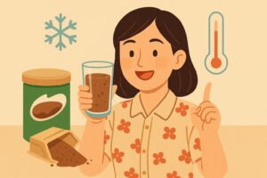 冷たい牛乳に少しずつミロを混ぜながら工夫している若い女性のイラスト