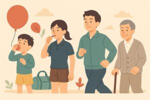年齢ごとの息止め記録と練習法を表すイラスト