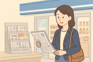 コンビニ入口で新聞を購入する女性のイラスト