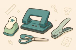 穴あけパンチの種類（1穴、2穴、クラフト用）を並べたイメージイラスト