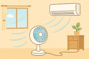 エアコンとサーキュレーターを併用するシーンのイラスト