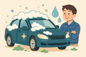 泡ブローワックスで車に光沢と撥水効果を与えている様子