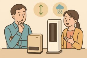 HX-TK12とHX-SK12の違いを比べるイラスト。若い夫婦が比較している場面