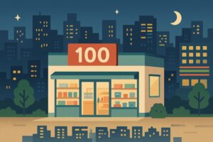 東京の夜景に映える深夜営業の100均を描いたイラスト