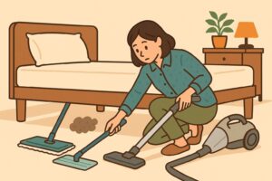 掃除機が入らないベッド下をモップやワイパーで掃除しているイラスト