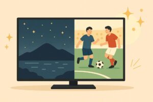 夜景とスポーツ映像を映すテレビ画質比較のイラスト