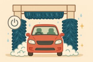 洗車機内で車が安全に停止している様子のイラスト。エンジンオフで落ち着いた雰囲気