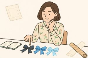 リボンの色見本や包み方を考えている人物のイラスト
