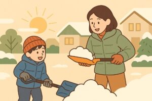 朝に雪かきをする家族のイラスト。