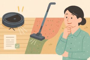 強力な吸引を示すEC-SR9と日常掃除に適したEC-SR8を背景のカーペットとフローリングで表現したイラスト