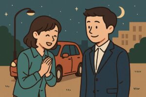夜に車を降りて先輩へ笑顔で感謝する人物のイラスト