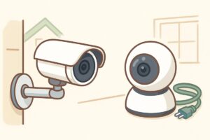 屋外用と屋内用の防犯カメラを並べたイラスト