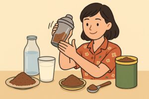 コップにミロを入れ、ぬるま湯で溶かしてから牛乳を加える手順を示す男性のイラスト