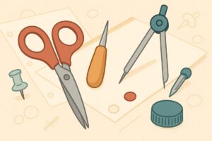 ハサミ、画鋲、千枚通し、コンパスなど代用品を並べたイラスト