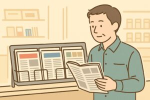 コンビニの新聞ラックで複数の全国紙を見比べる男性のイラスト