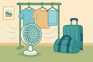 旅行や出張時にサーキュレーターを弱運転で使うイメージのイラスト