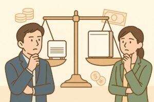 価格を比較するイメージ。30代男女が天秤を見ながら考えるシーン