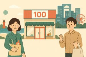千葉と大阪の深夜営業100均をイメージしたイラスト