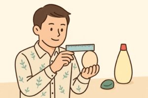 定規や卵を使って直径5cmを測っている男性のイラスト