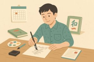 机で作品を制作する若者と参考資料、カレンダーが並ぶ応募準備の様子を描いたイラスト。