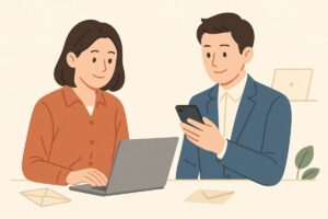 スマートフォンやPCでお礼メールを送る社会人のイラスト