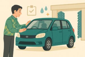 ドライバーが洗車機に入れる前に車の窓やミラーをチェックしているイラスト